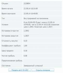 таблица с итогами сделки